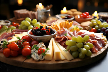 Antipasto platter with ham. cheese and grapes on dark background
