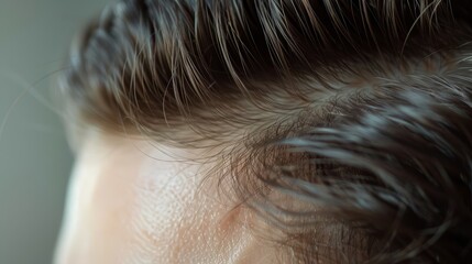 Close-up of a wet forehead and hair of a person. Macro photography for beauty and skincare concept