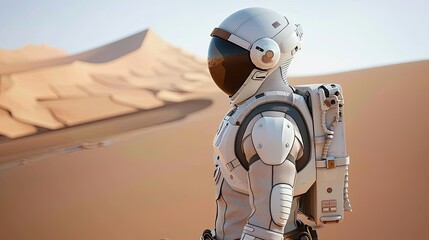 A lone astronaut steps forward on a rocky desert planet. Science fiction universe exploration. Future concept. Illustration for cover, card, postcard, interior design, poster, brochure or presentation