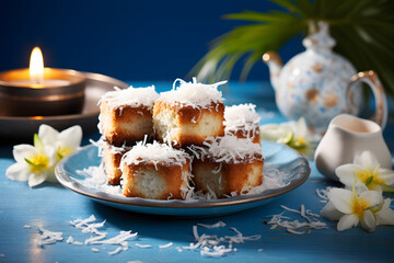 Elevate your Easter celebrations with the heavenly taste of lamingtons, delectable coconut cakes arranged on a captivating blue   Generative AI, - obrazy, fototapety, plakaty