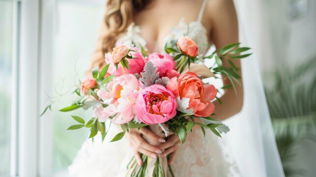 Bride with a vibrant bouquet of pink peonies and roses. Close-up bridal bouquet photography with a focus on the flowers.