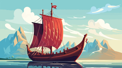 Cartoon viking ship flat cartoon vactor illustration - obrazy, fototapety, plakaty