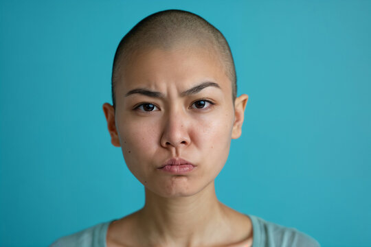Expressive portrait of a bald asian woman. Generative AI image