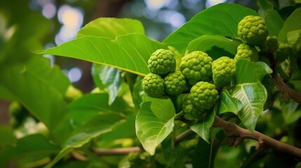 Obraz premium Morinda citrifolia or Noni fruit on tree nice country food Local style with high vitamins