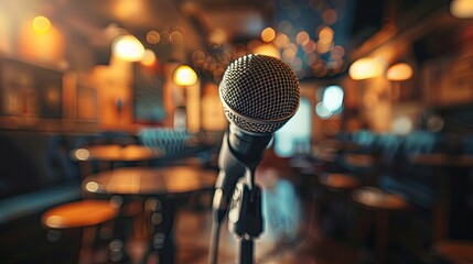 Close-up of a microphone on stage in the soft spotlight. Concept of public speaking. Come and sing karaoke. Illustration for cover, banner, poster, brochure, advertising, marketing or presentation. - 770035630