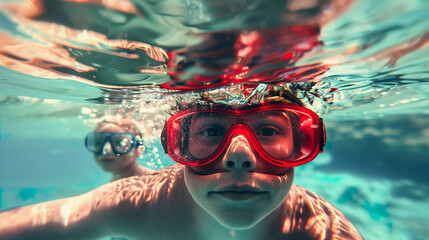 Underwater view of child swimming with goggles. Generative AI image