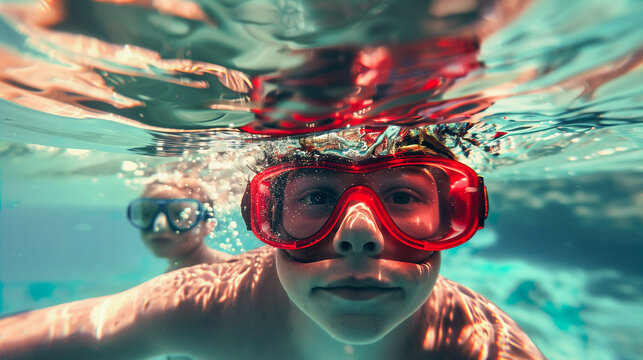 Underwater view of child swimming with goggles. Generative AI image