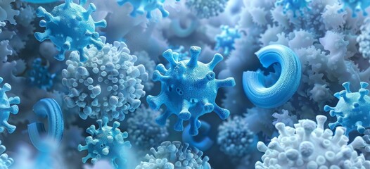Group of viruses, health threatening coronavirus in liquid environment.