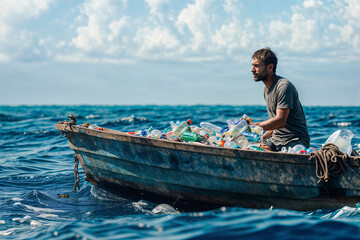 Man collecting plastic waste from the ocean on a boat. Generative AI image