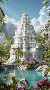 White majestic Hindu temple with jungle and mountains in the background