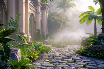 An opulent custom mansion features a detailed stone pathway through a lush front garden in early morning fog.