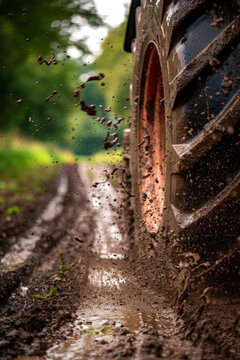 Tractor tyre ploughing through muddy farmland. Generative AI image
