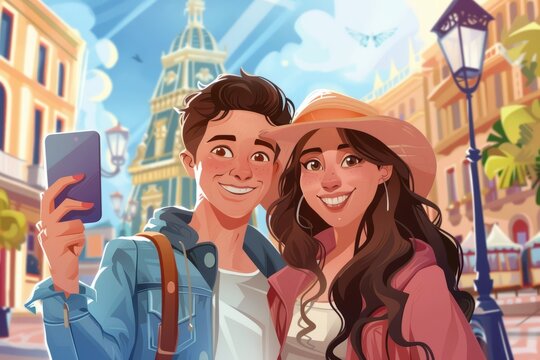 Illustration of a happy young couple traveling, happy couple taking selfie against the background of a cultural tourist site