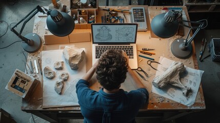 An industrial designer meticulously works on a prototype design in a workshop surrounded by various drafting tools and sketches. AIG41