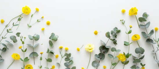 Arrangement of yellow flowers and eucalyptus leaves on a white background in a flat lay style with a top view and available space for text.