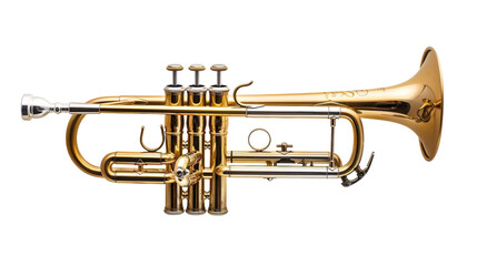 Obraz na płótnie Canvas A shiny brass trumpet standing boldly against a plain white background