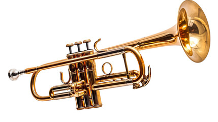 A shiny brass trumpet resting on a stark white background