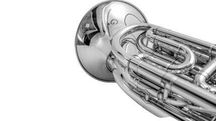 A close-up view of a shiny trumpet set against a white backdrop, showcasing intricate details