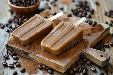 Coffee-flavored chocolate popsicles on wooden background. Generative AI image