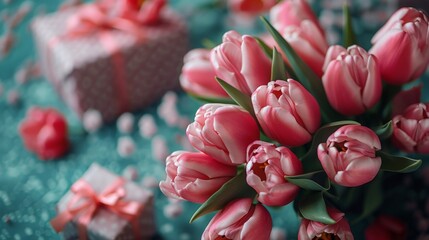 Obraz na płótnie Canvas Pink Tulips and Wrapped Presents