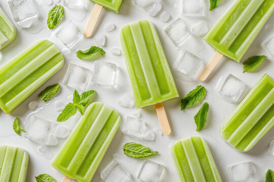 Green popsicles with mint leaves and ice on white. Generative AI image
