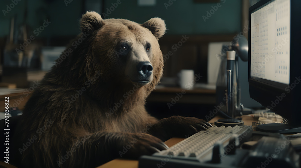 Poster the bear sitting at he desk in front of a computer