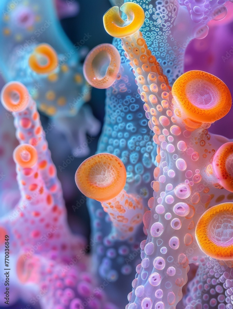 Poster a close up of a colorful sea creature with many tentacles. generative ai.