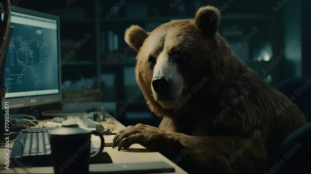Poster the bear sitting at he desk in front of a computer