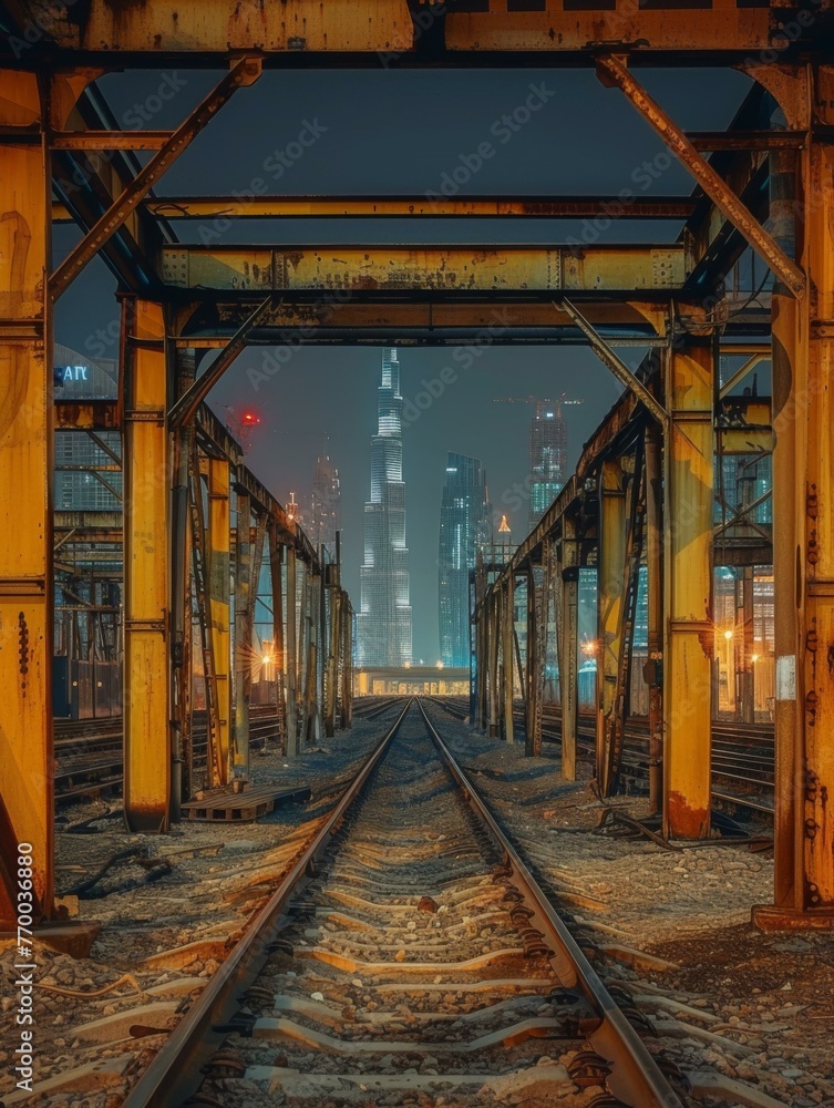 Wall mural A train track with a city in the background. Generative AI.