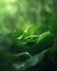 Obraz premium Green snake in rain forest, Thailand. Copy space
