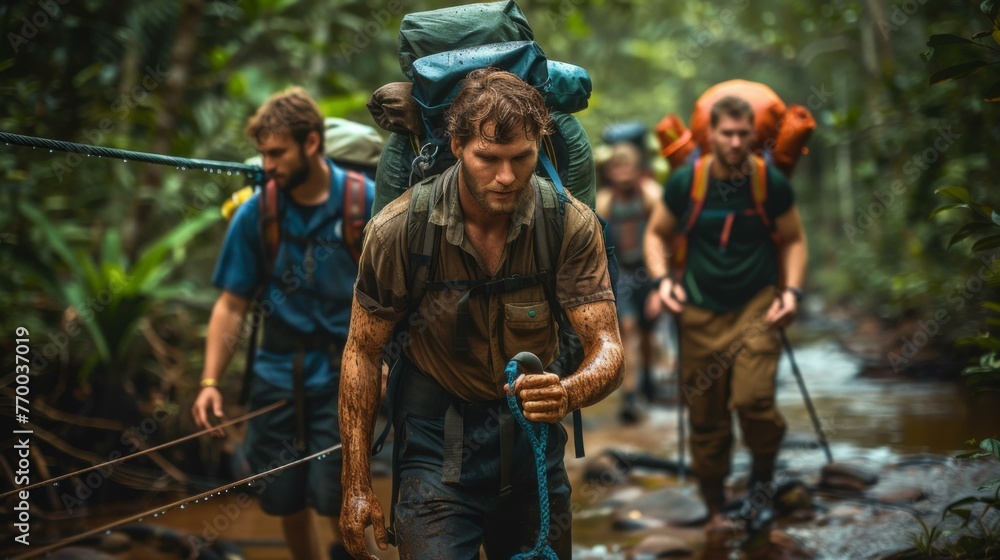 Poster a group of men walking through a muddy forest with backpacks. generative ai.