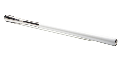 A white pen with a black tip rests on a pristine white background