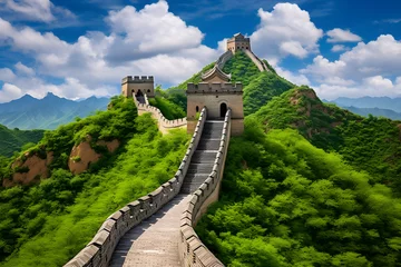 Photo sur Plexiglas Mur chinois The Serpentine Great Wall of China – An Image of Resilience and Grandeur in Tranquil Setting