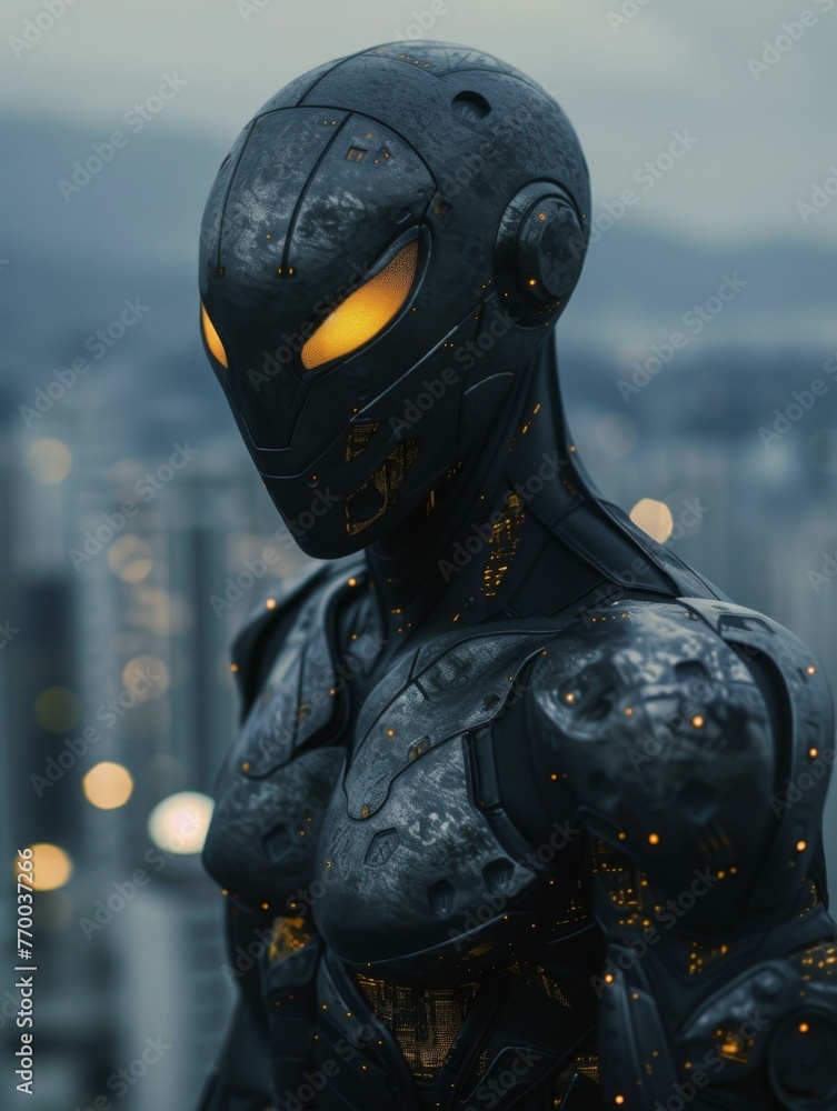 Aufkleber a close up of a futuristic looking suit with glowing eyes. generative ai.