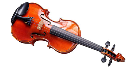 A violin with a black bow set against a clean white background