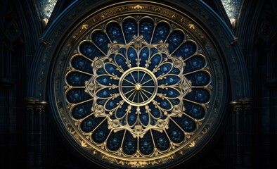 Obraz premium A large circular window in a dark room with gold and blue designs. Generative AI.