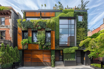 A contemporary townhouse with a striking facade, vertical gardens, and a rooftop terrace.