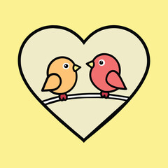 An vector outline of two birds perched on a tree branch, with a heart outline framing them, symbolizing love and companionship