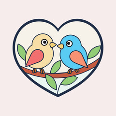 An vector outline of two birds perched on a tree branch, with a heart outline framing them, symbolizing love and companionship