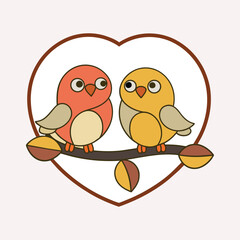 An vector outline of two birds perched on a tree branch, with a heart outline framing them, symbolizing love and companionship
