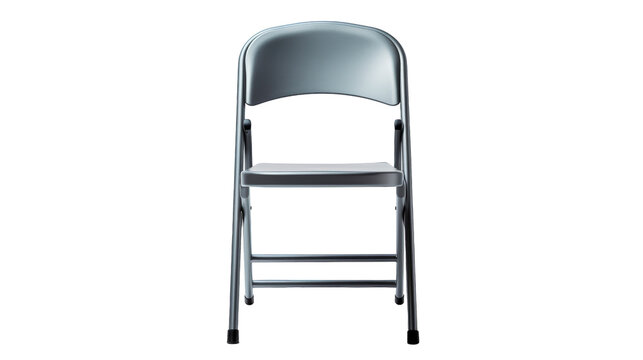 A plastic folding chair with a black seat in a dimly lit room
