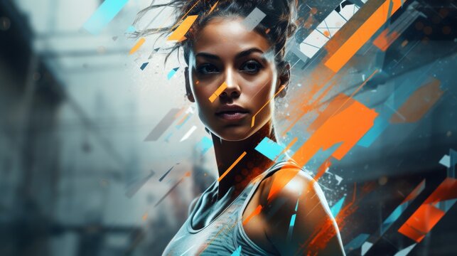 Commercial photography, abstract shapes create a beautiful fitness girl with a sporty feminine figure, glitch art, digital collage, banner