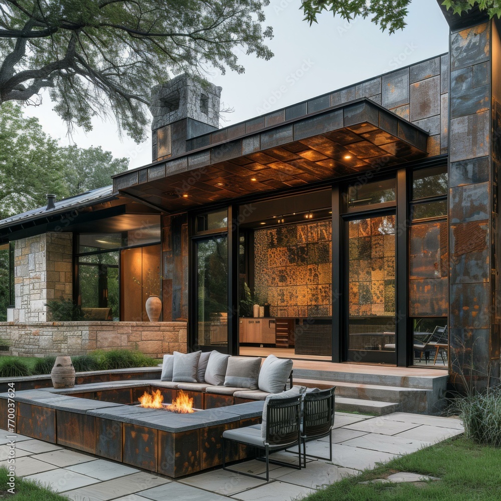 Poster a large fire pit sitting in front of a house with some couches. generative ai.