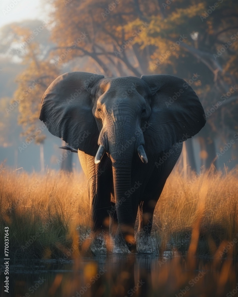 Poster an elephant walking through a field of tall grass and trees. generative ai.