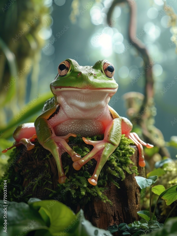 Poster a frog sitting on a tree stump in the middle of some trees. generative ai.