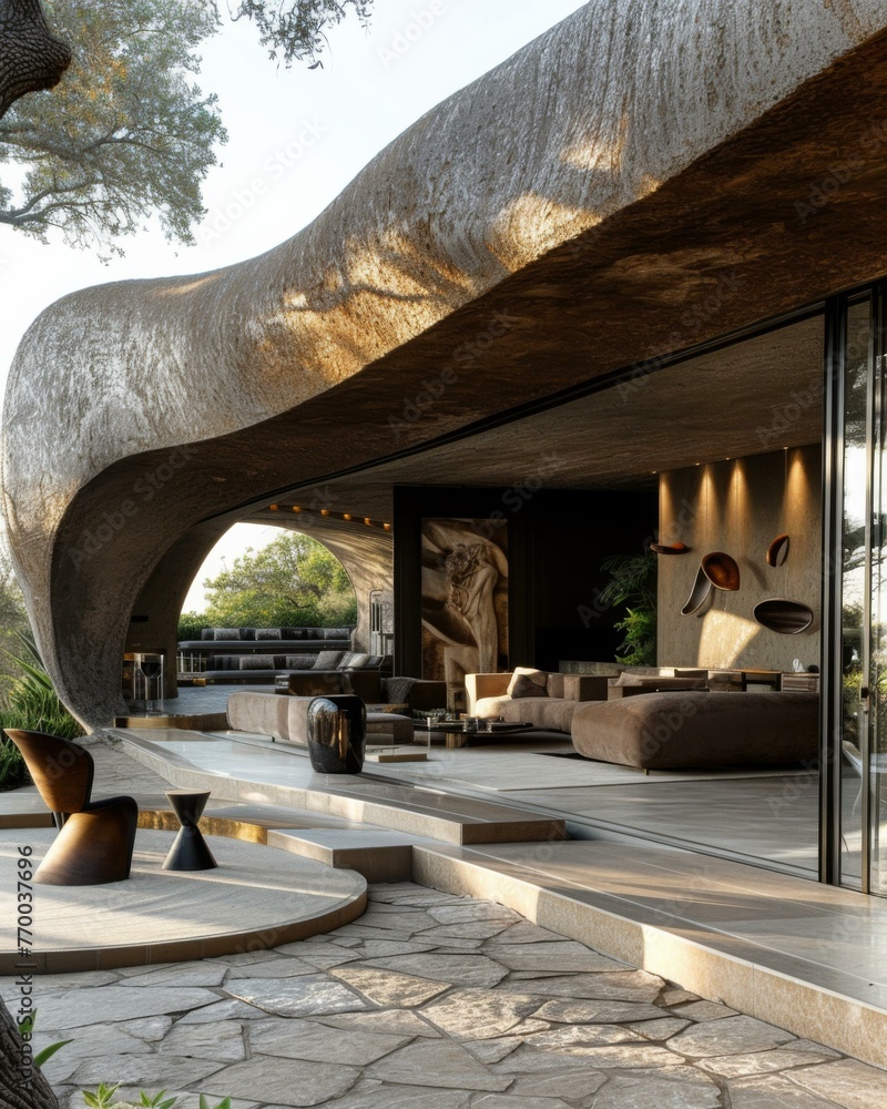 Poster a modern house with a large stone structure in the background. generative ai.