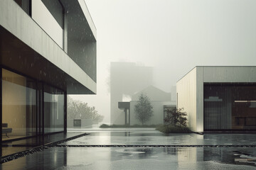 An overcast noon capturing the quiet elegance of minimalist homes as light rain begins to fall. /