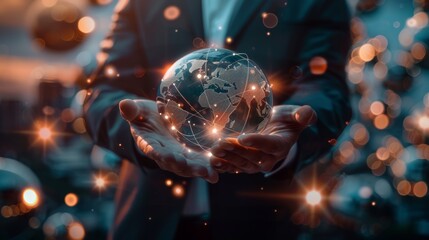 Professional presenting digital earth hologram with glowing connections. Worldwide business and network concept