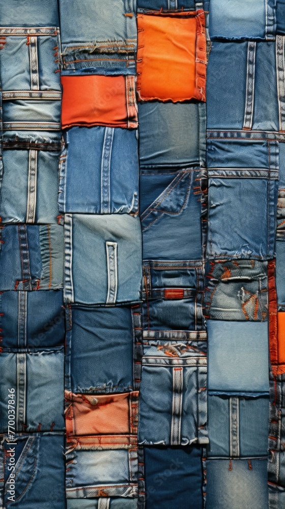 Poster a wall of jeans with different colors and patterns. generative ai.