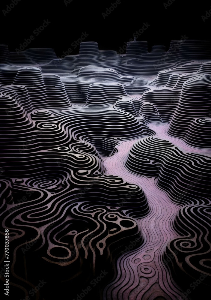 Poster a river that is flowing through some layered terain. generative ai.